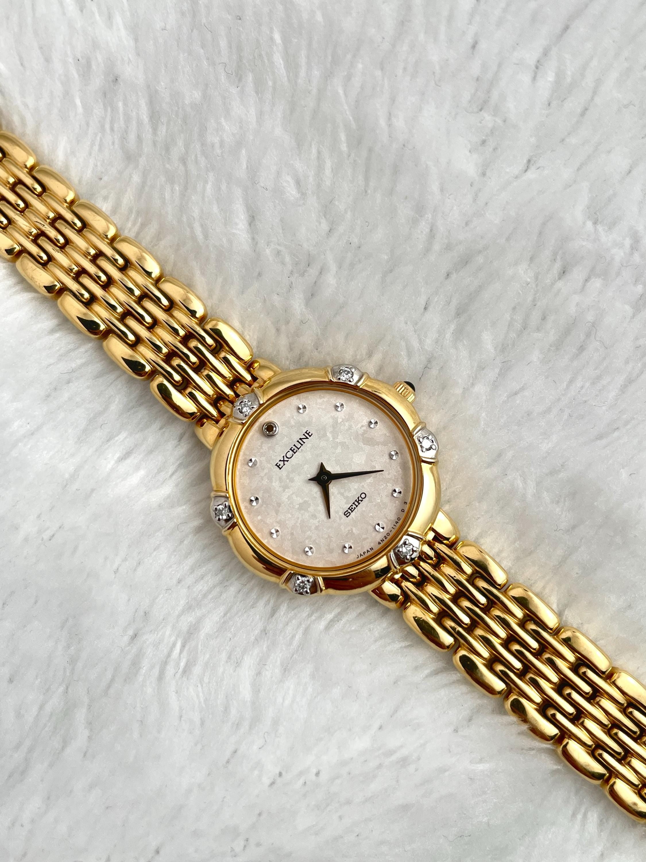 Vintage 90's Seiko Exceline 6 Diamond Dainty Gold Women Watch 4n20 0640