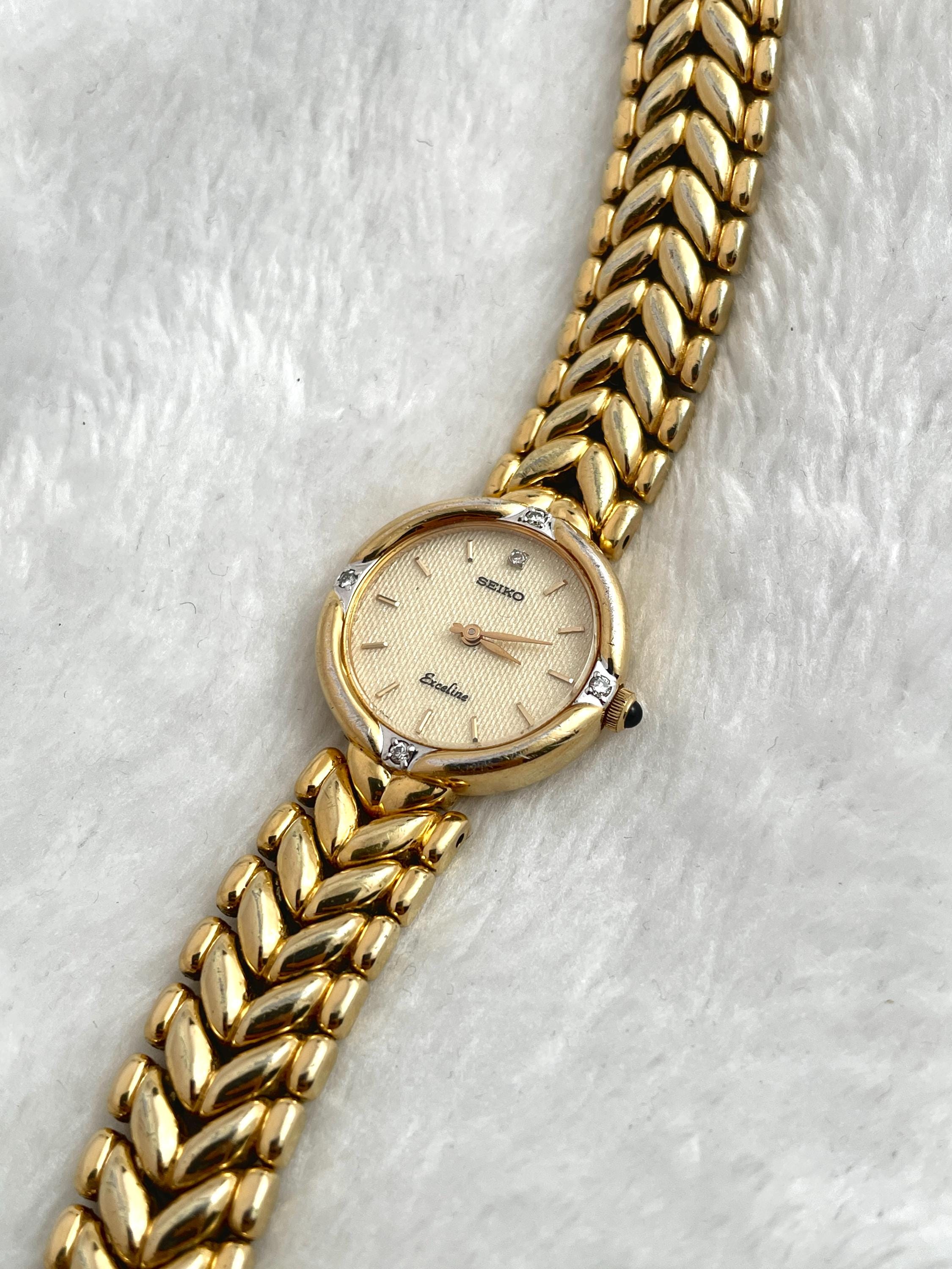 Vintage 90's Seiko Exceline Diamond Sculpted Pattern Gold Tone 4N20 0360