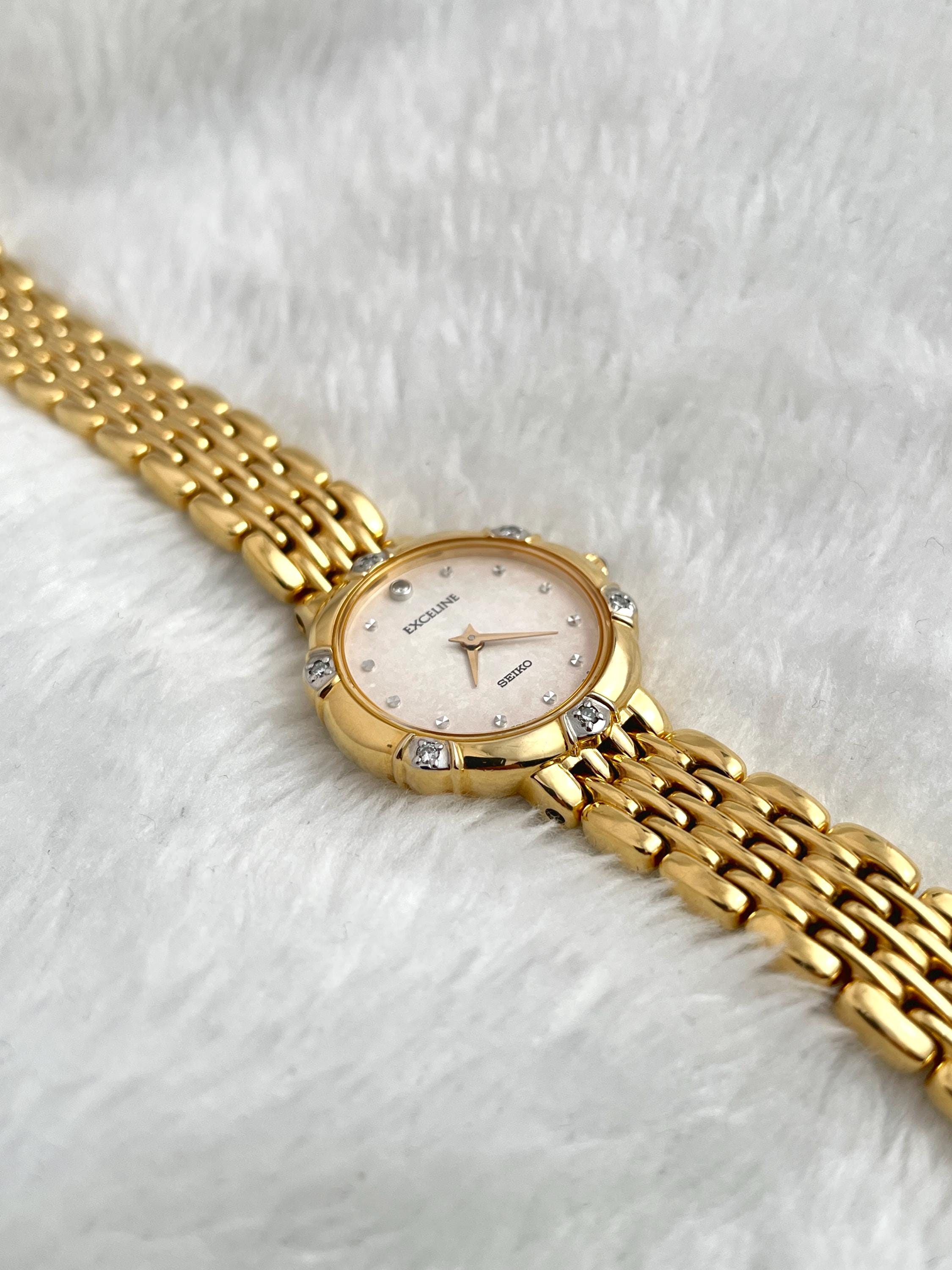 Vintage 90's Seiko Exceline 6 Diamond Dainty Gold Women Watch 4n20 0640