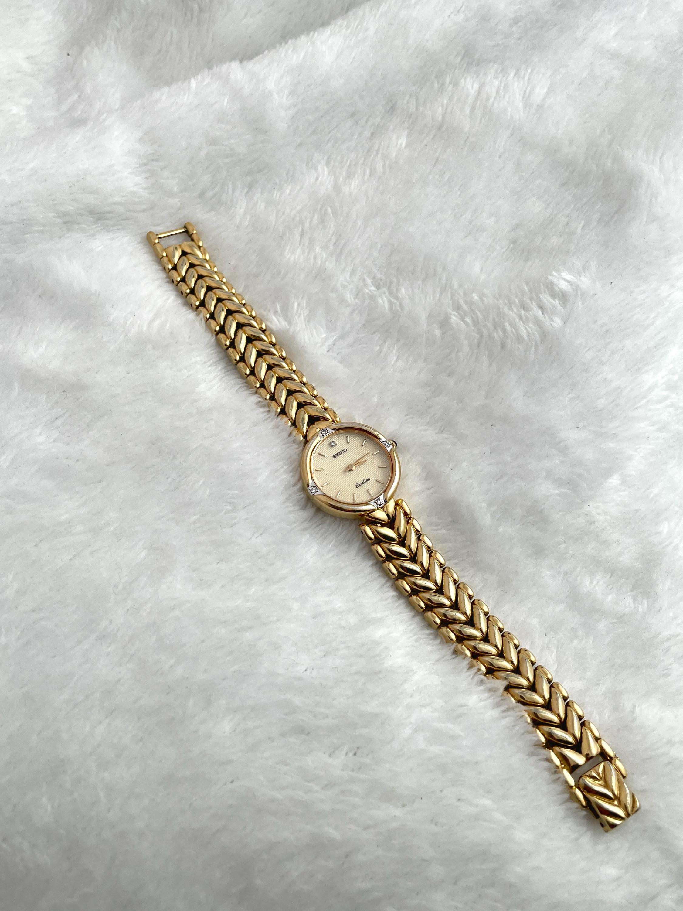 Vintage 90's Seiko Exceline Diamond Sculpted Pattern Gold Tone 4N20 0360