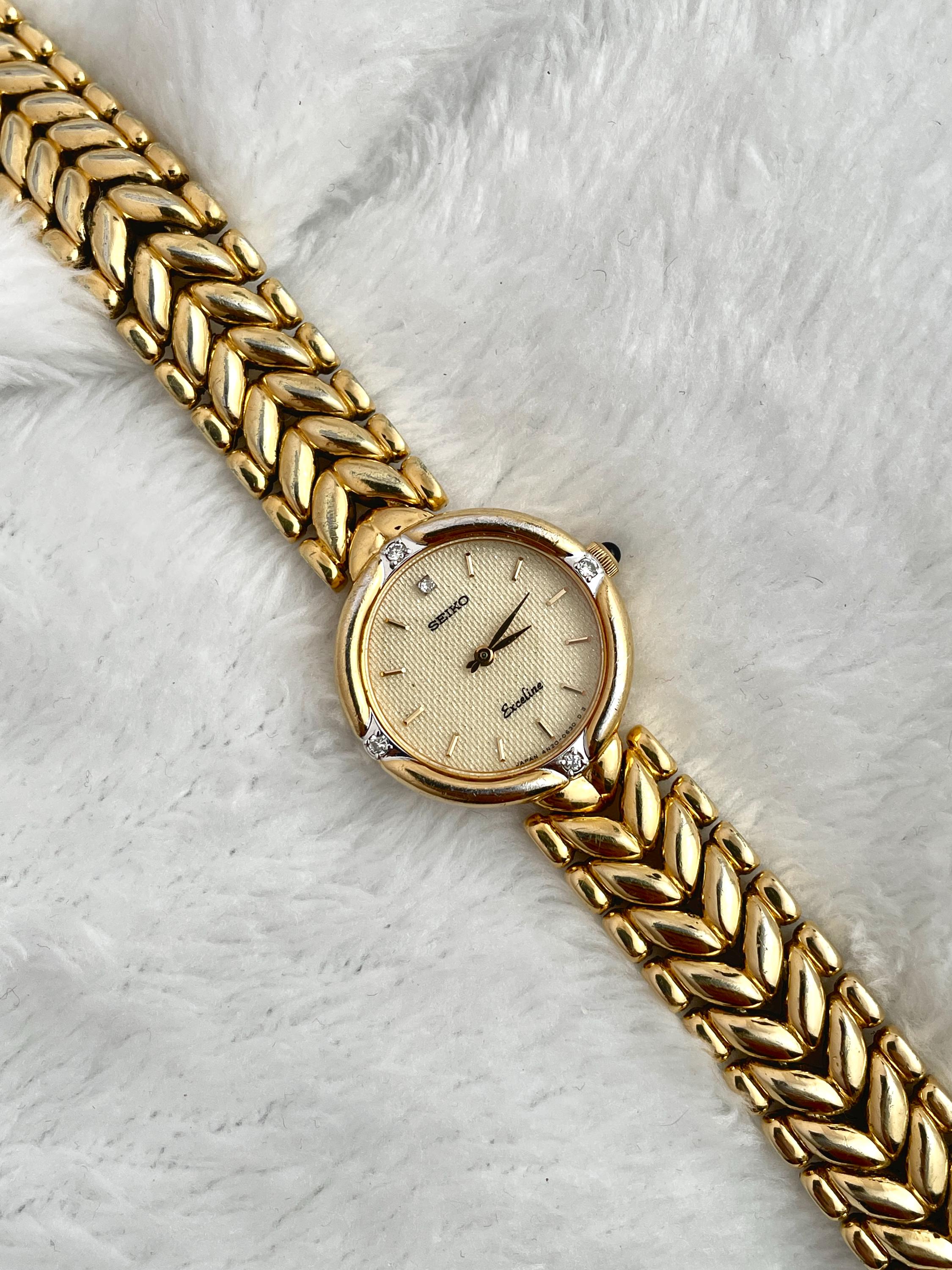 Vintage 90's Seiko Exceline Diamond Sculpted Pattern Gold Tone 4N20 0360