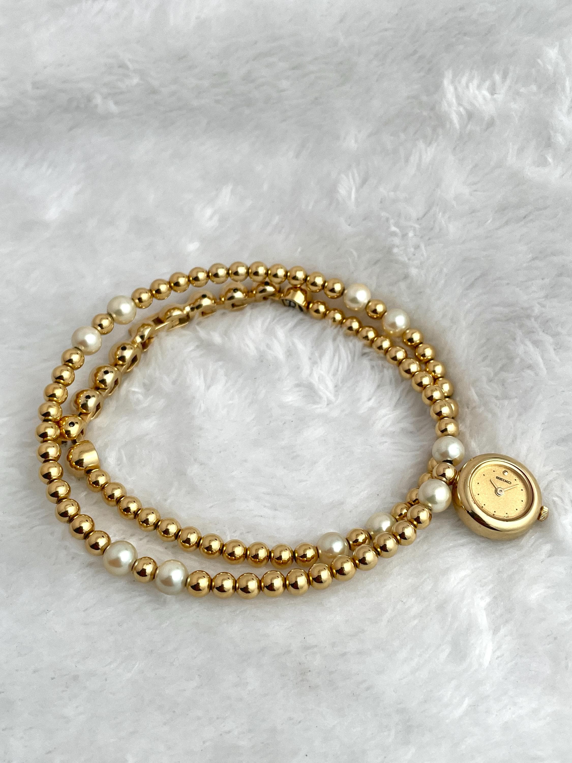 Rare Vintage Seiko Bracelet Round Combi Pearl Quartz Women's Watch 1E20-0B20