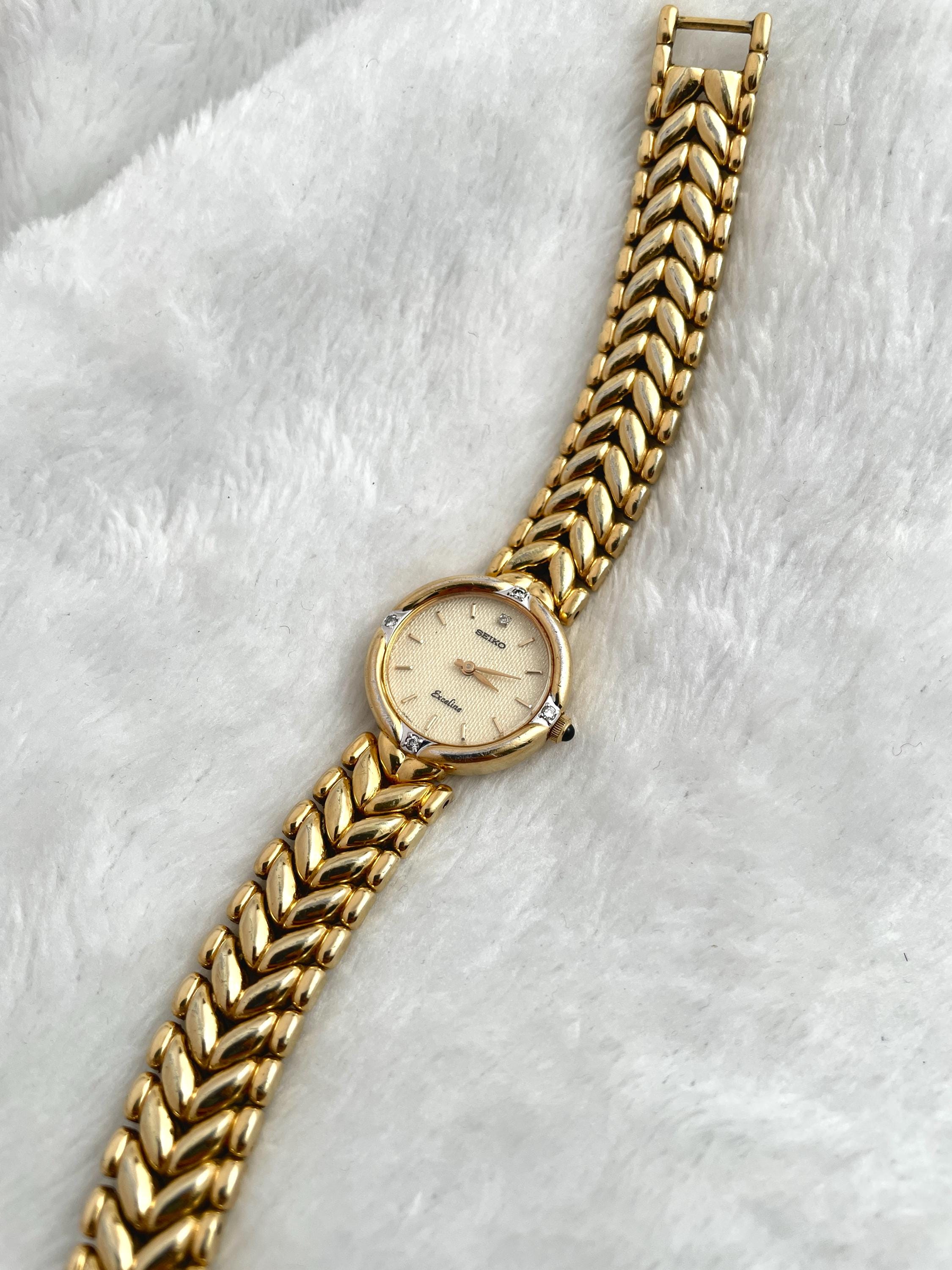 Vintage 90's Seiko Exceline Diamond Sculpted Pattern Gold Tone 4N20 0360