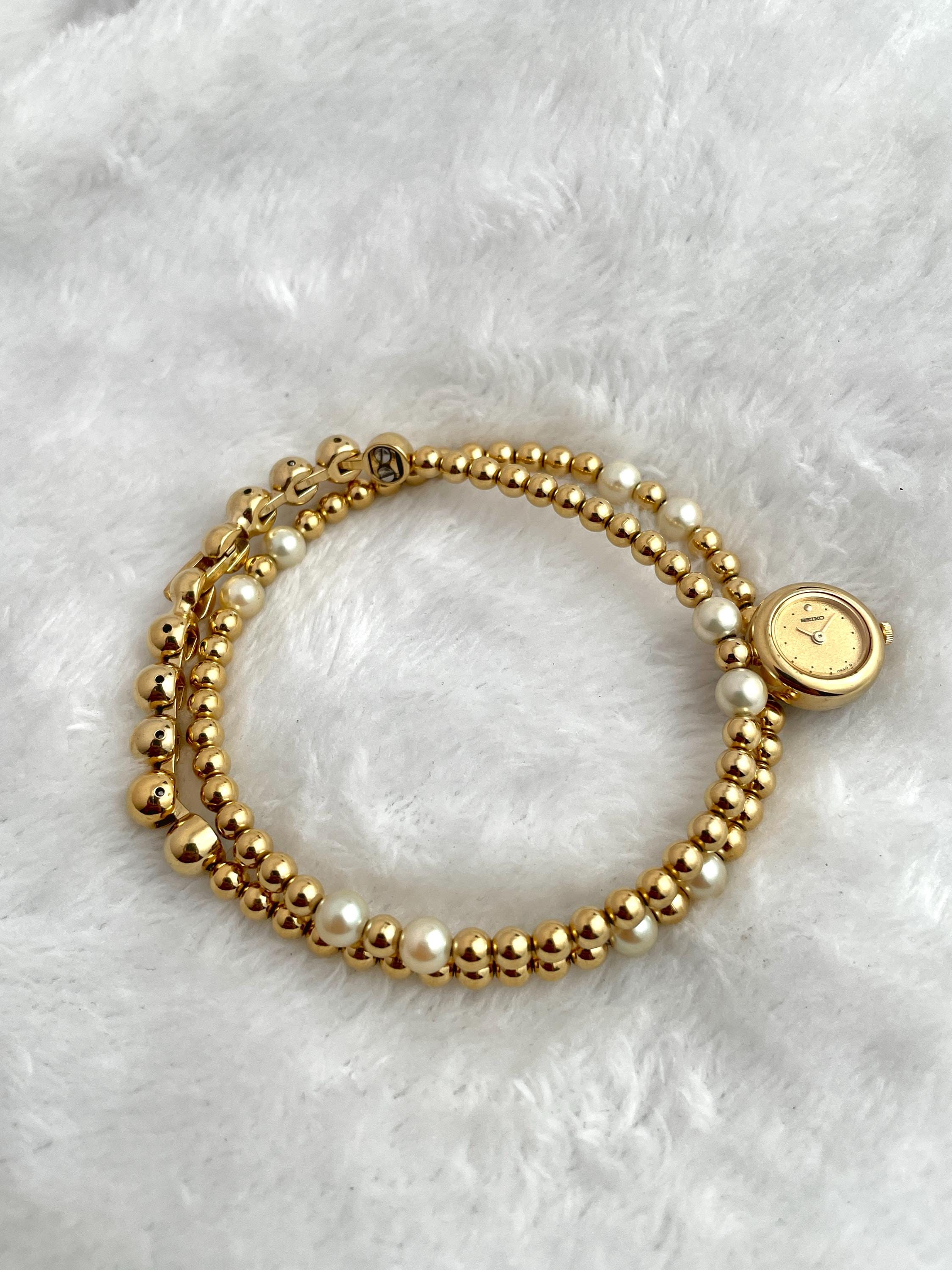 Rare Vintage Seiko Bracelet Round Combi Pearl Quartz Women's Watch 1E20-0B20