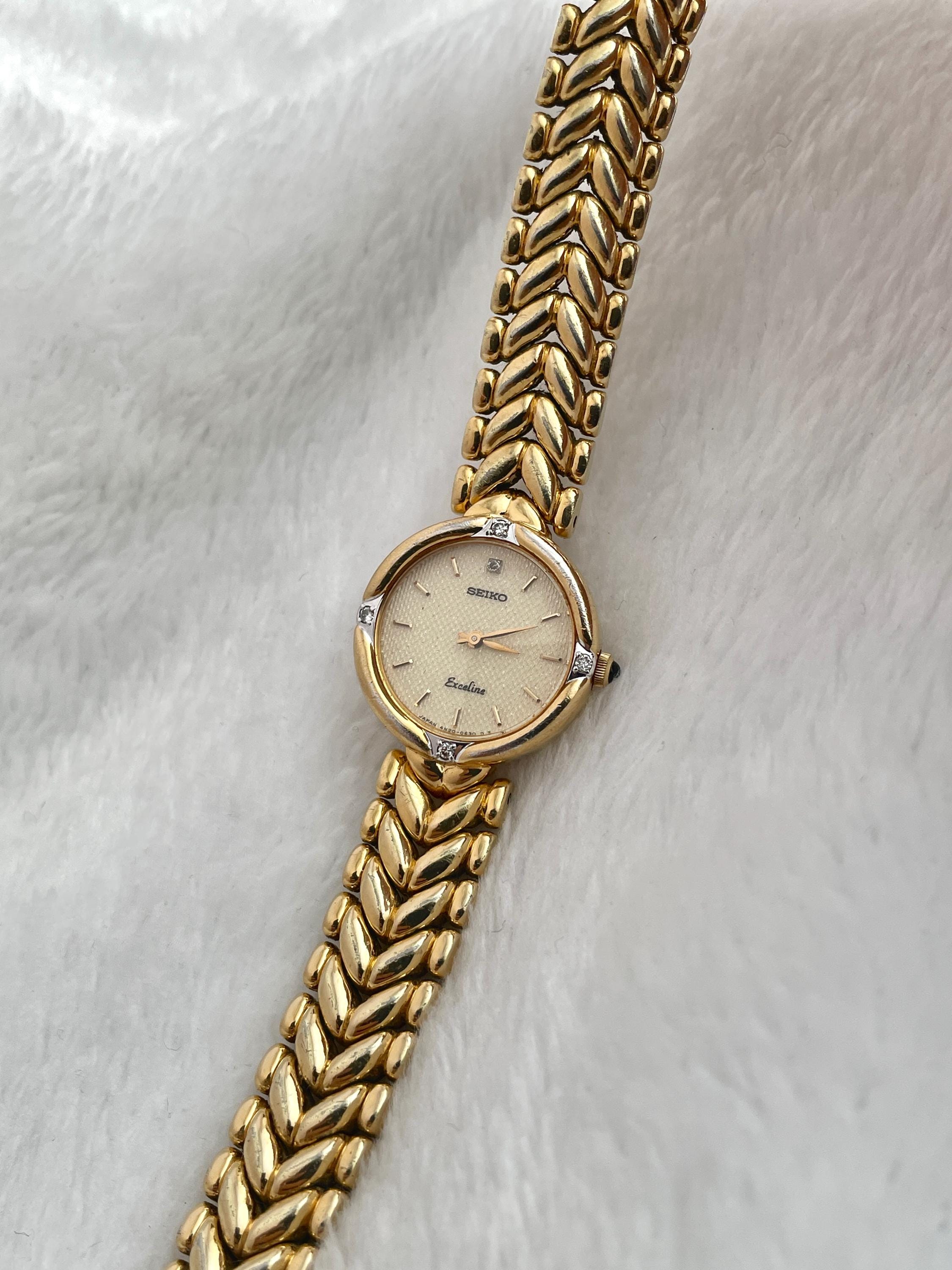 Vintage 90's Seiko Exceline Diamond Sculpted Pattern Gold Tone 4N20 0360